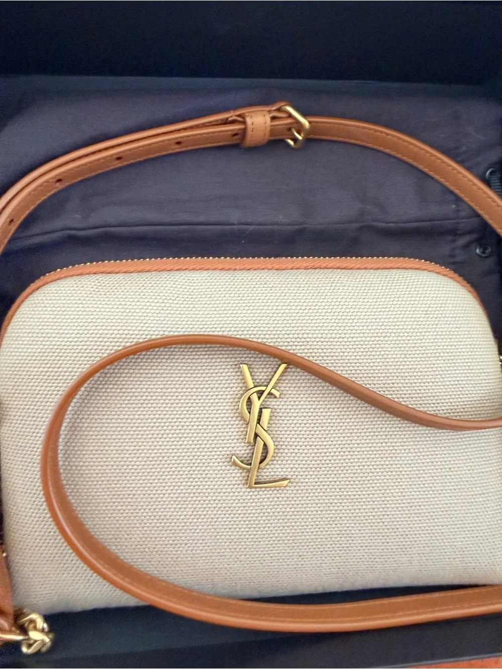 Saint Laurent Beige Canvas Crossbody with Gold Chain and Tan Trim